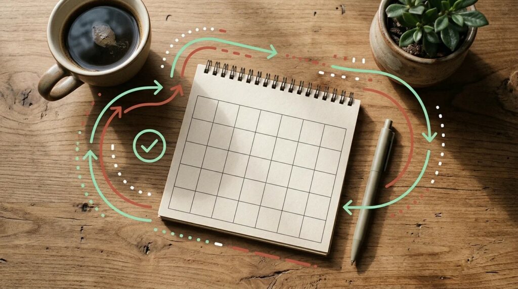 Calendário de mesa visto de cima, com setas em circuito fechado e um visto